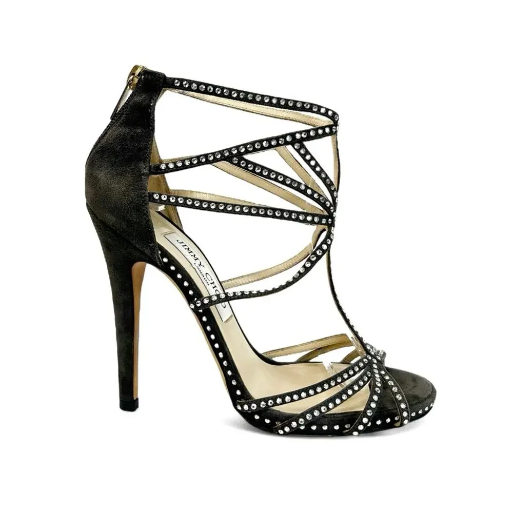 JIMMY CHOO Vendetta Crystal Suede Strappy Sandals in Hotfix Smoke